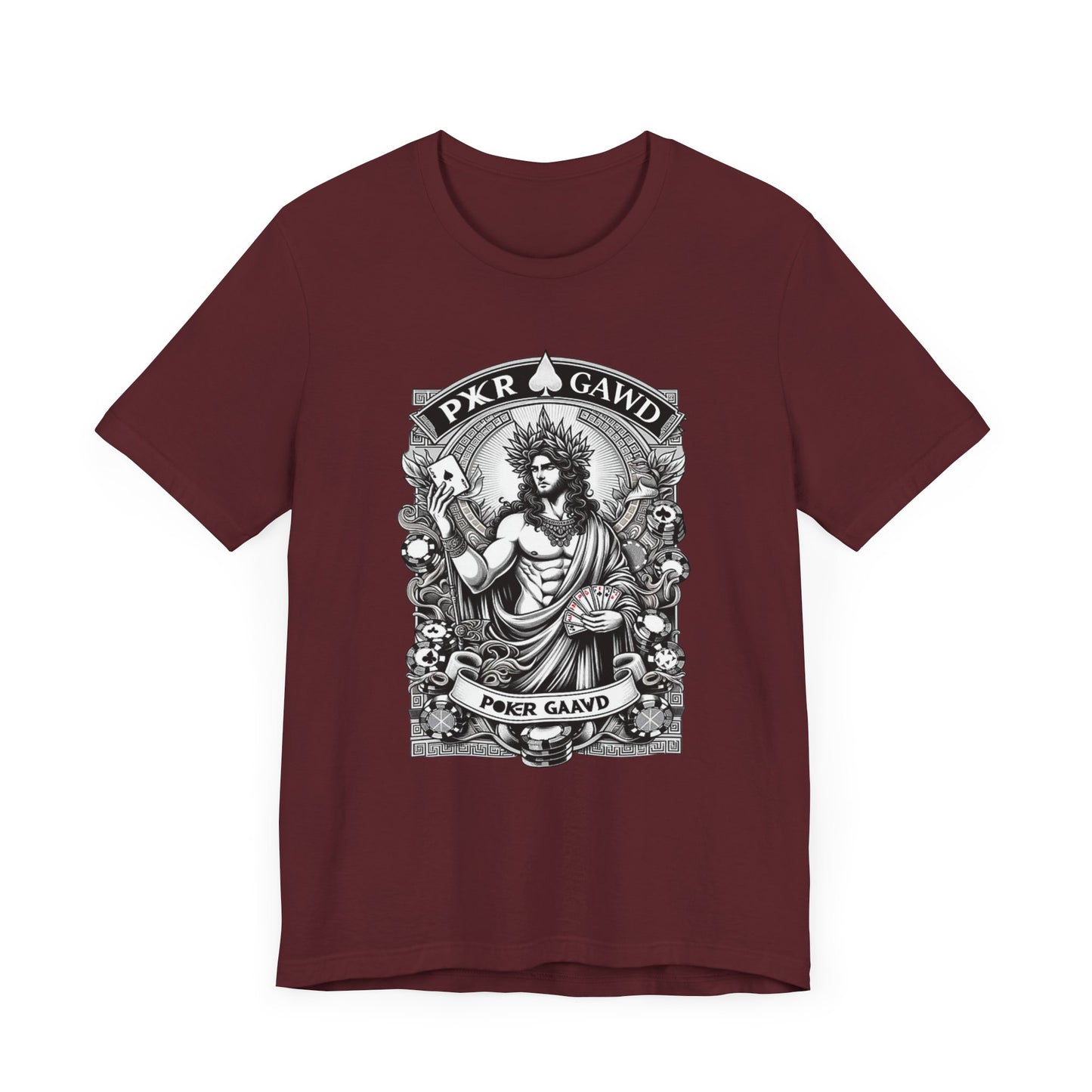 Poker Gawd Graphic t-shirt unisex short sleeve tee. For fashion, luck, poker players, and gamblers