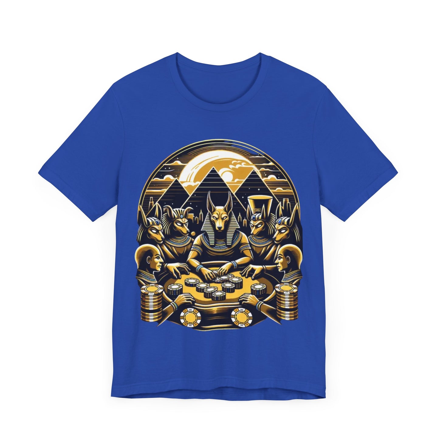 Egyptian Goker Gawd Unisex Short Sleeve Tee for luck, poker players and gamblers. Anubis