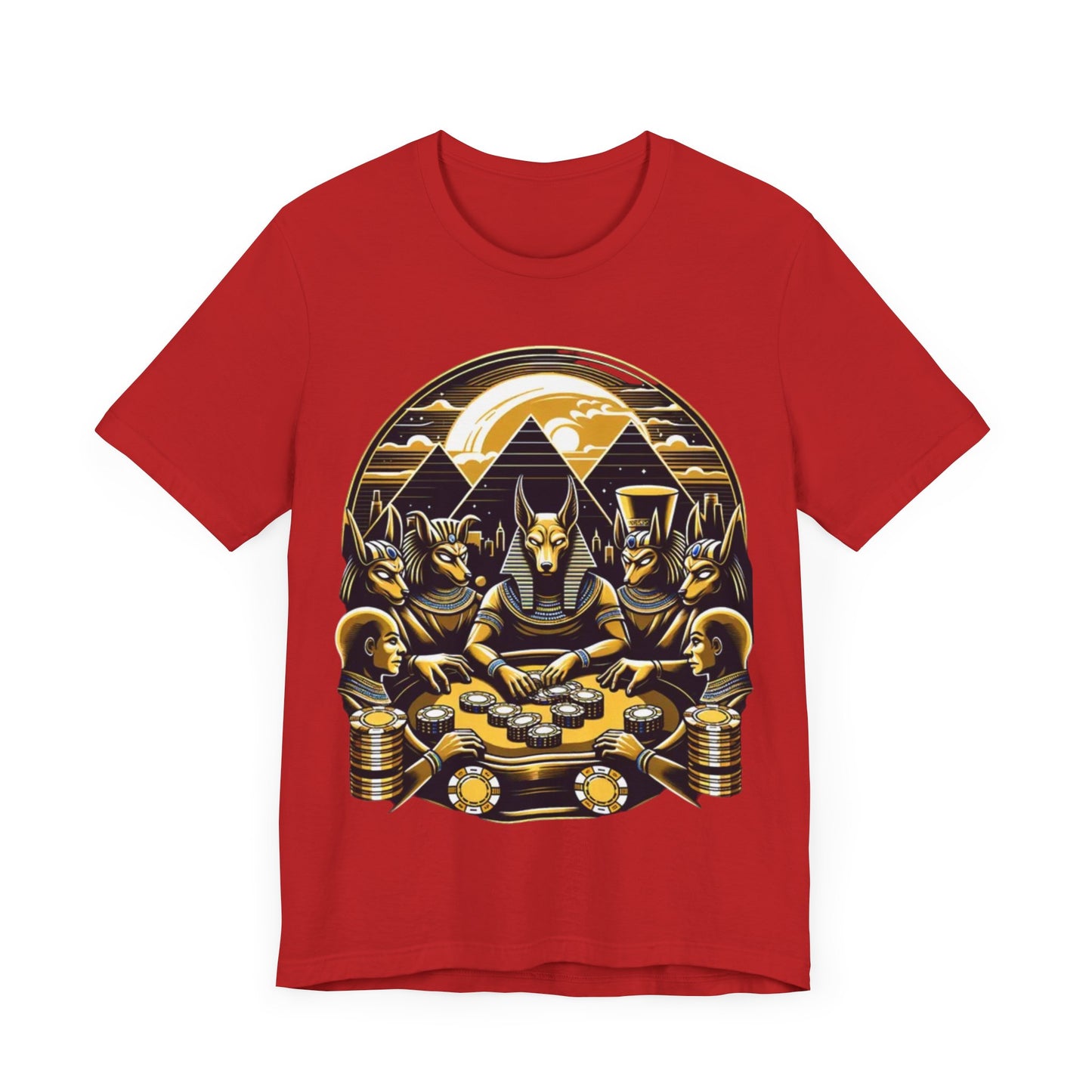 Egyptian Goker Gawd Unisex Short Sleeve Tee for luck, poker players and gamblers. Anubis