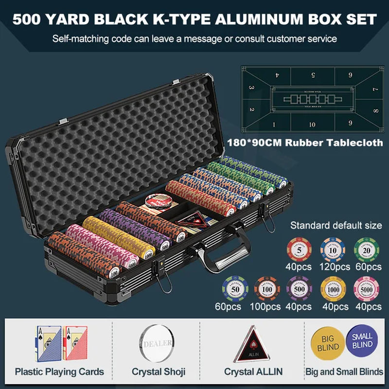 500 Chips Texas Poker Set Mat Texas Holdem Poker Multiplayer Set Rubber Cushion Clay Chip Aviation Aluminum Box 8-10 People