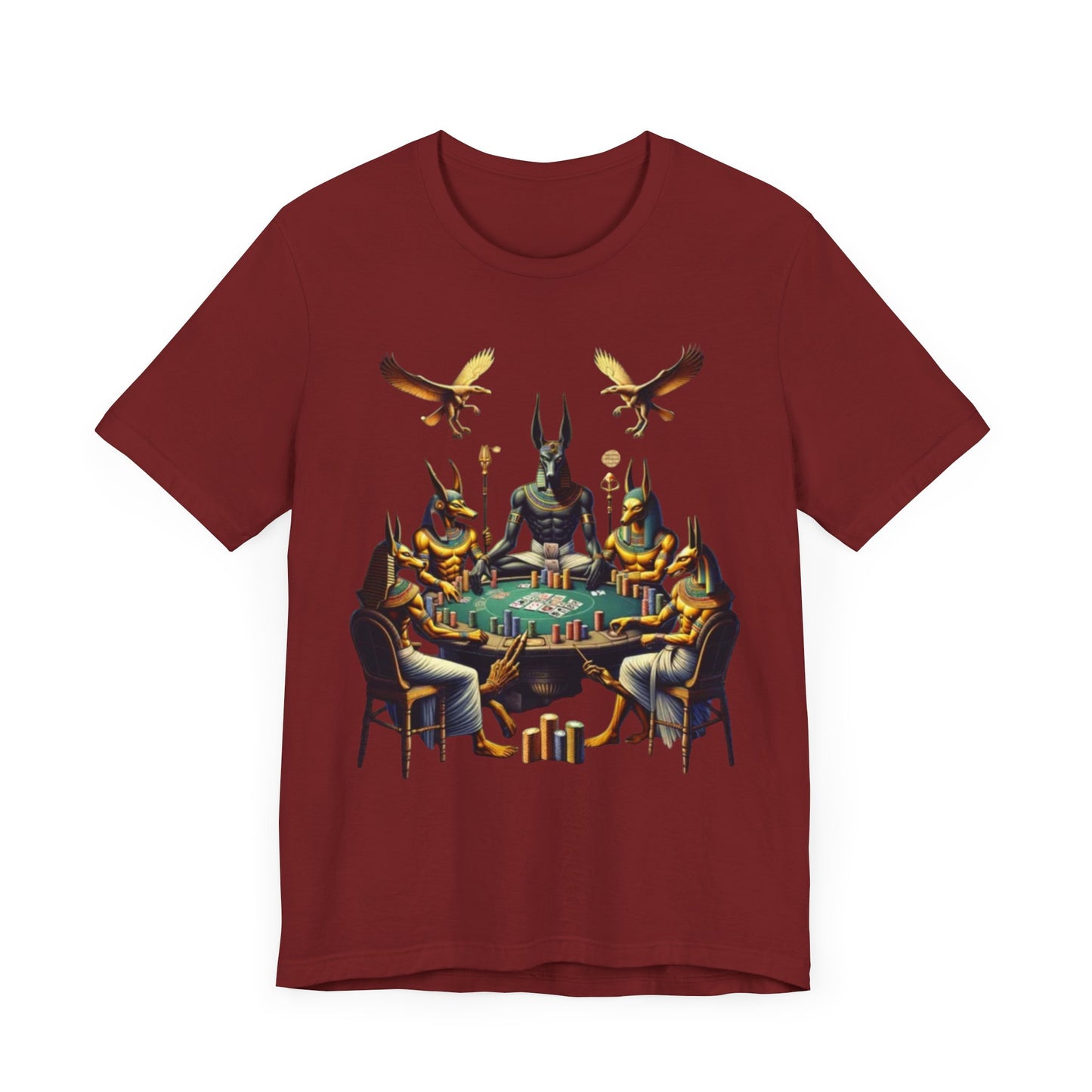 Egyptian Goker Gawd Unisex Short Sleeve Tee for luck, poker players and gamblers. Anubis