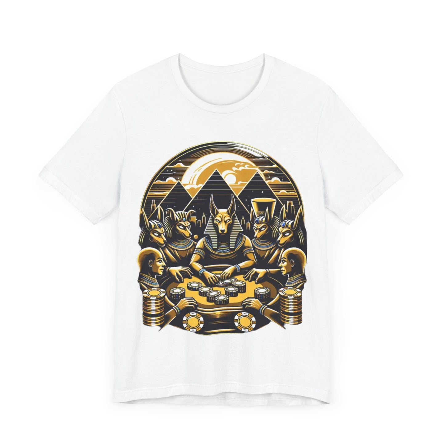 Egyptian Goker Gawd Unisex Short Sleeve Tee for luck, poker players and gamblers. Anubis