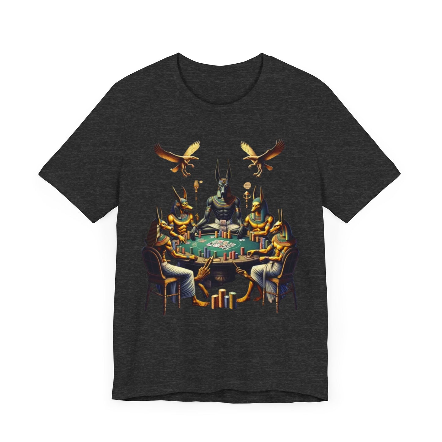 Egyptian Goker Gawd Unisex Short Sleeve Tee for luck, poker players and gamblers. Anubis