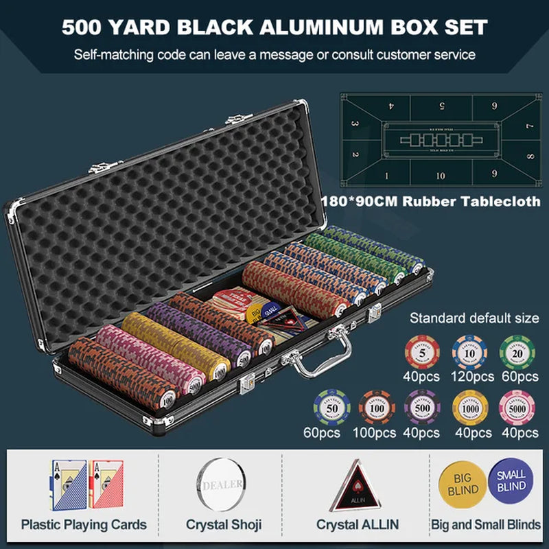 500 Chips Texas Poker Set Mat Texas Holdem Poker Multiplayer Set Rubber Cushion Clay Chip Aviation Aluminum Box 8-10 People