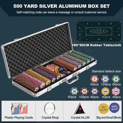 500 Chips Texas Poker Set Mat Texas Holdem Poker Multiplayer Set Rubber Cushion Clay Chip Aviation Aluminum Box 8-10 People