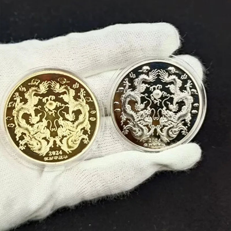 Chinese New Year 2024 Dragons Playing with Beads Collectible Coins Gold Plated Lucky Coin China Mascot Commemorative Souvenir