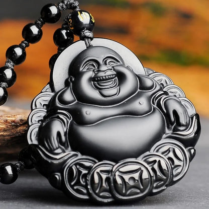 Natural Obsidian Money Buddha Pendant Necklace China Hand Carved Fashion Jewelry Accessories Gifts for Men and Women Wholesale