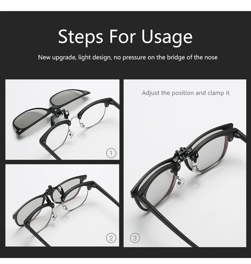 Square Polarized Clip on Sunglasses Men Flip up Photochromic Sunglasses Driver anti Glare Goggles Night Vision Glasses