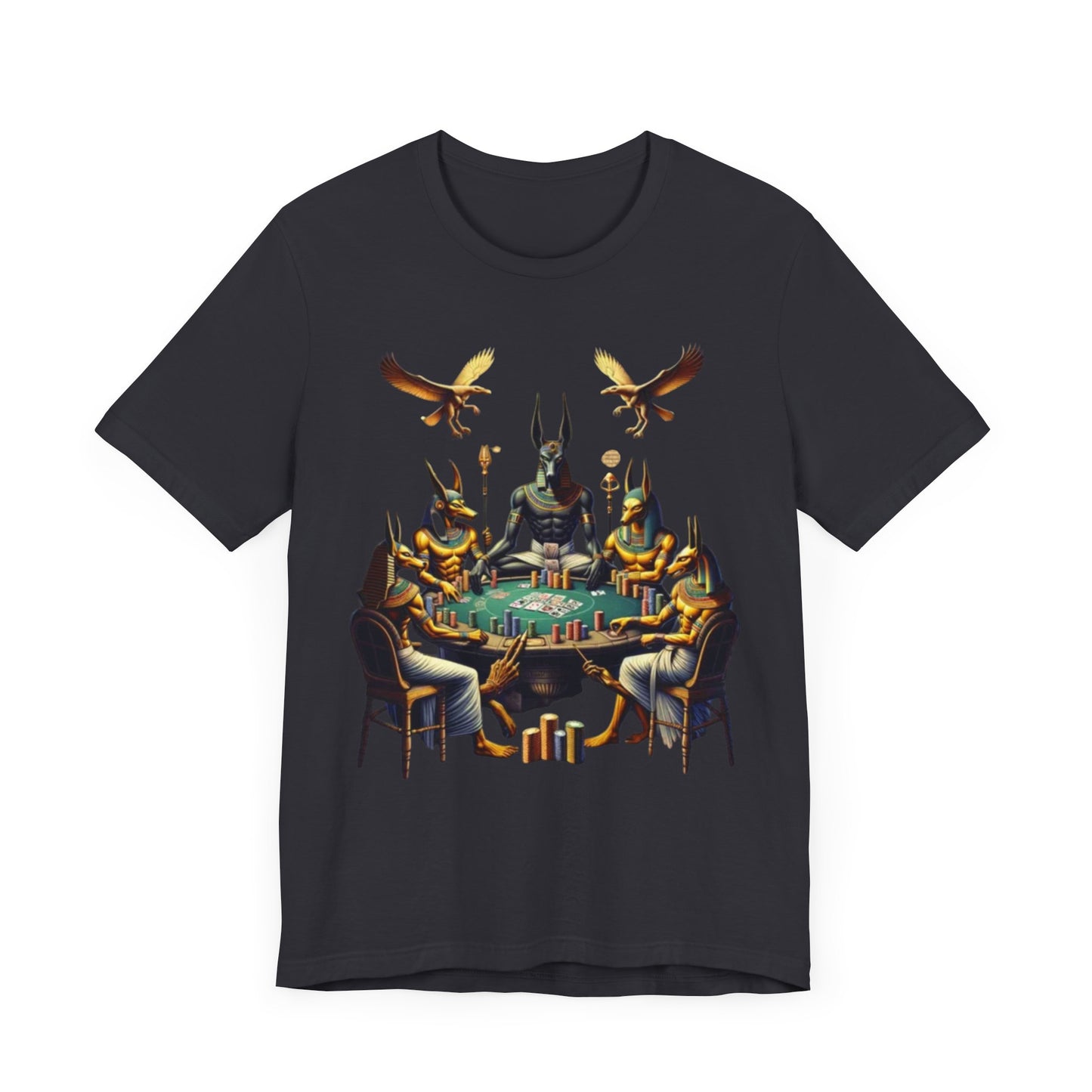 Egyptian Goker Gawd Unisex Short Sleeve Tee for luck, poker players and gamblers. Anubis