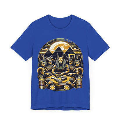 Egyptian Goker Gawd Unisex Short Sleeve Tee for luck, poker players and gamblers. Anubis