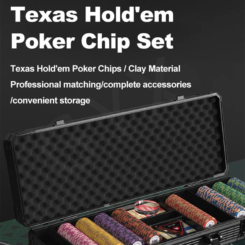 500 Chips Texas Poker Set Mat Texas Holdem Poker Multiplayer Set Rubber Cushion Clay Chip Aviation Aluminum Box 8-10 People