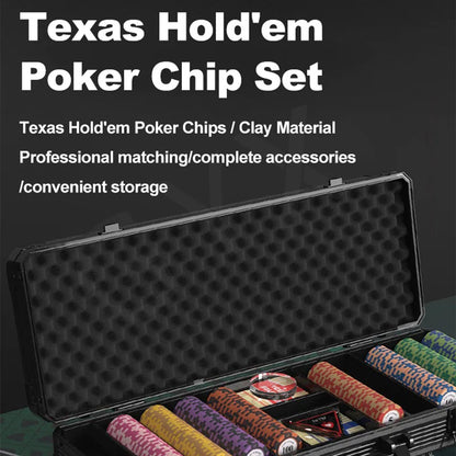 500 Chips Texas Poker Set Mat Texas Holdem Poker Multiplayer Set Rubber Cushion Clay Chip Aviation Aluminum Box 8-10 People