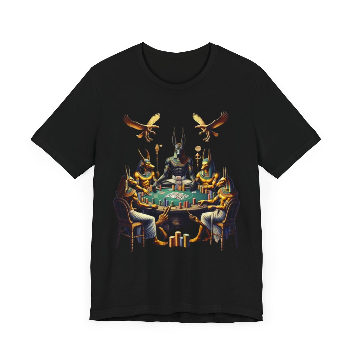 Egyptian Goker Gawd Unisex Short Sleeve Tee for luck, poker players and gamblers. Anubis