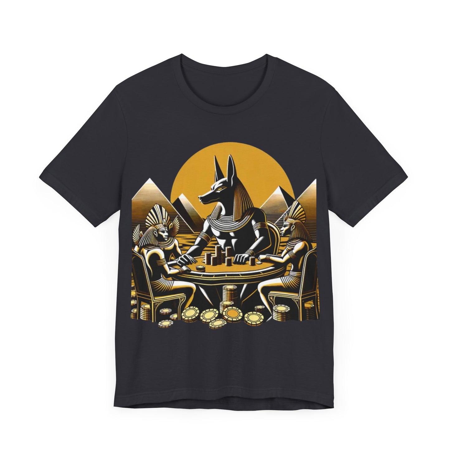 Egyptian Goker Gawd Unisex Short Sleeve Tee for luck, poker players and gamblers. Anubis