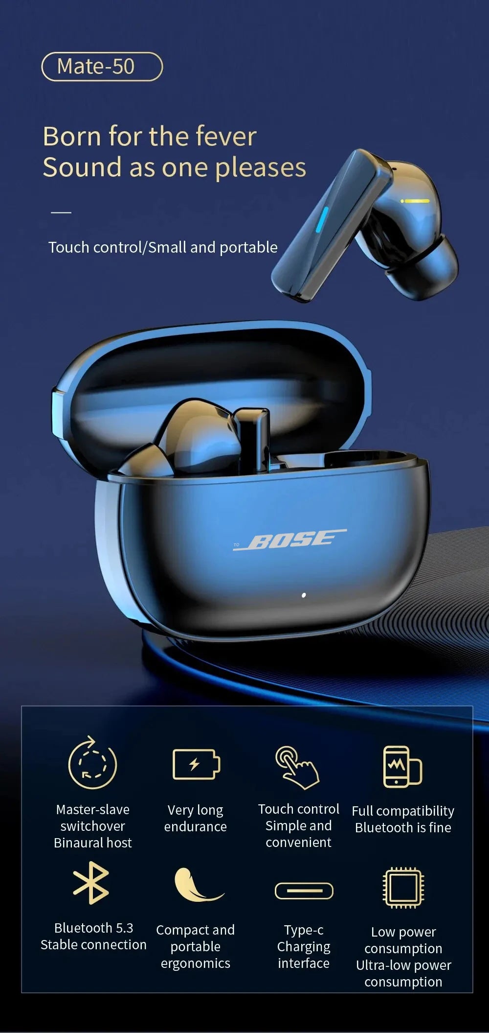 Wireless Touch Control Noise Cancelling Bluetooth Earphones