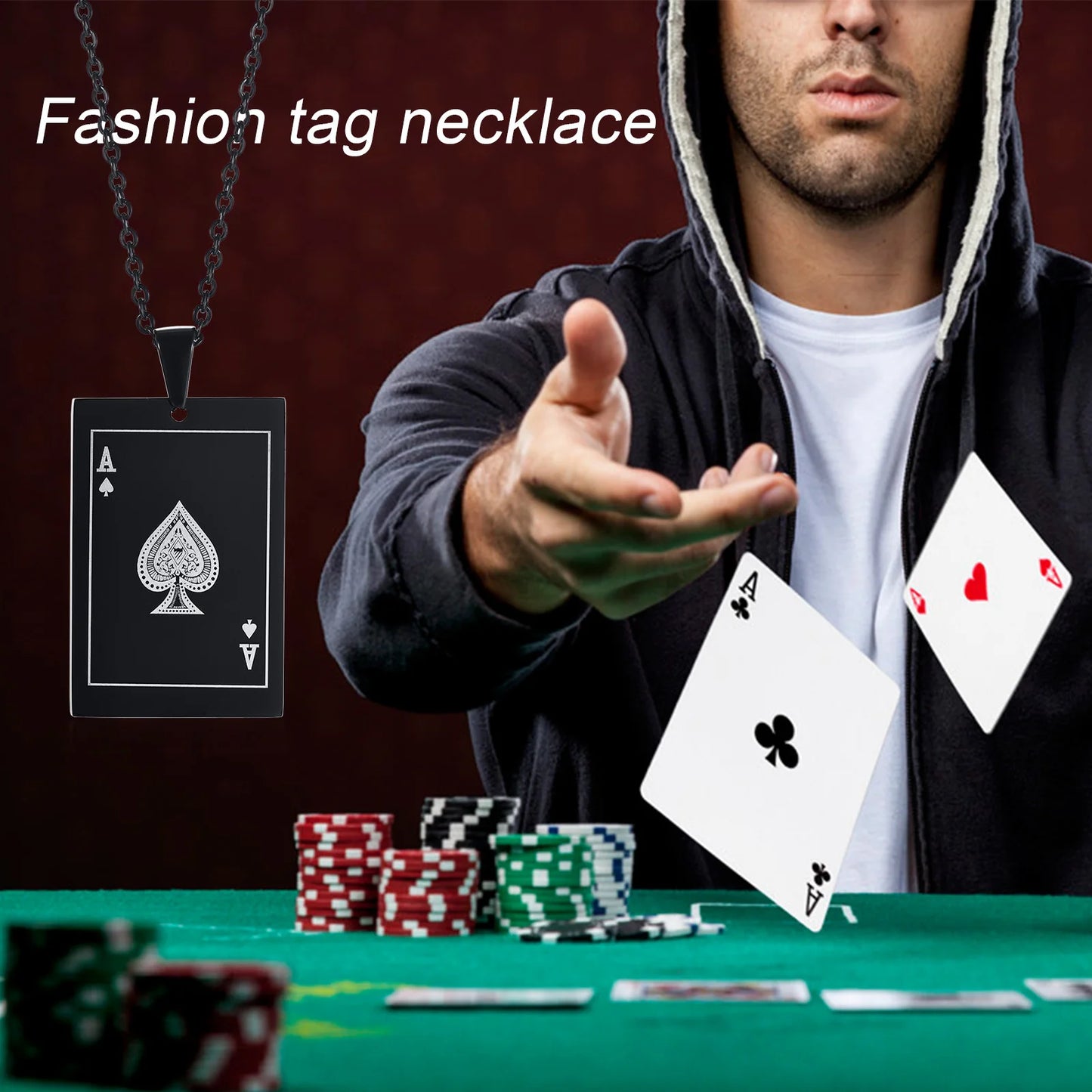 Lucky Ace of Spades Men Necklaces Jewelry,Stainless Steel Poker a Pendant,Rock Punk Casino Good Fortune Collar Accessory